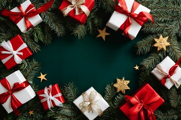 Festive christmas gift arrangement with red and gold decorations on green background