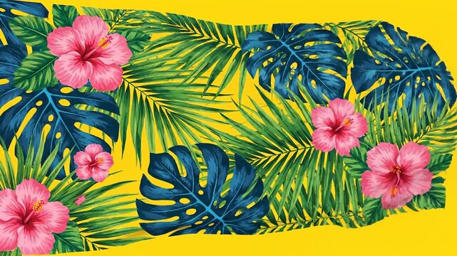 Tropical leaves and flowers arranged in an abstract pattern design