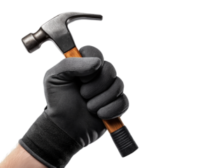 Hand in glove holding a claw hammer graphic design isolated on a transparent background