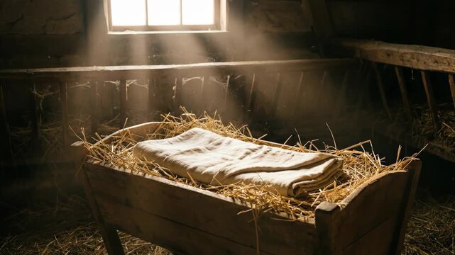 Empty manger in barn with hay for Christmas nativity scene, religious Christian tradition for advent and holy night.