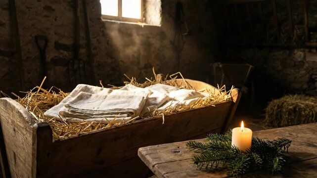 Empty wooden manger with straw and cloth in a barn, illuminated by sunlight and a flickering candle, depicting the nativity scene.
