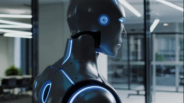 A futuristic robot stands in a modern office with glass walls and a sleek design, captured in a video showcasing advanced technology