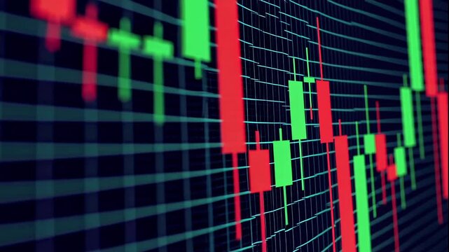 A video showcasing a dynamic stock market graph with green and red candlesticks on a dark background