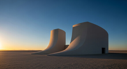 Sunset illuminates two white, curved structures on a flat, light-brown expanse.  Minimalist architecture in a desert landscape evokes serenity and contemplation