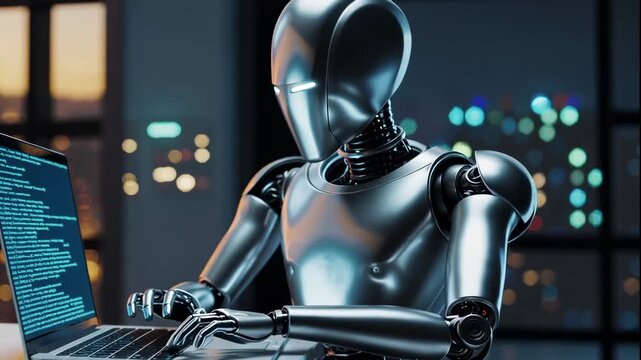A futuristic robot working on a laptop in a modern office during a peaceful evening