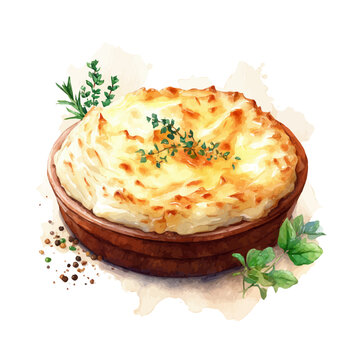 Watercolor-style vector illustration of Shepherds Pie, isolated on a clean white background.