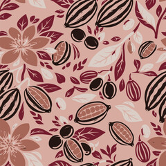 Elegant hand drawn seamless vector pattern featuring shea nuts, cocoa beans, and tropical flowers. Perfect for organic skincare packaging and luxury.