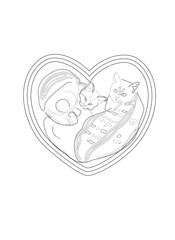 Animal Design heart with cats in lines. Hand drawn vector illustration. 