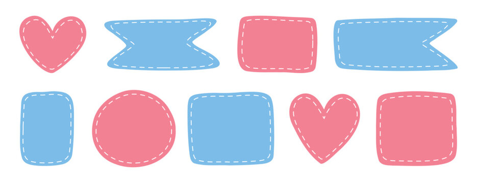 patches different shapes with dotted line set. Cute pastel templates, place for text or photo frames. Girl and boy birth frame. Decorative vector elements. Blue and pink dotted patches.
