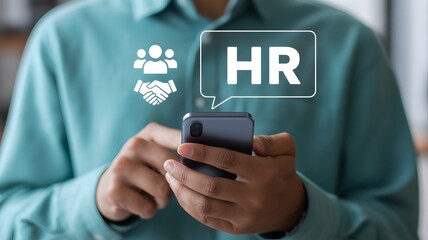 Human resources management concept, Businessman using smartphones with modern online technology to simplify HR systems. people analytics, HR, recruitment, leadership and teambuilding.