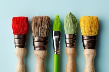Colorful paintbrushes with wooden handles on light blue background