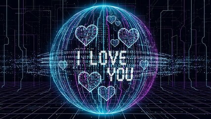 A vibrant digital globe conveying love with hearts and binary code in a futuristic setting