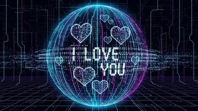 A vibrant digital globe conveying love with hearts and binary code in a futuristic setting - Powered by Adobe
