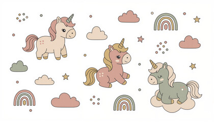 Obraz premium Colorful unicorns and rainbows in playful cartoon style design 