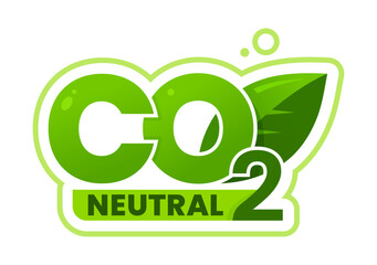 Carbon dioxide, CO2 neutral emission icon or seal. Greenhouse gas pollution icon, CO2 exhaust vector label. Carbon dioxide neutral emission climate change symbol with green leaf and air bubble