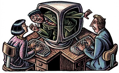 Obraz premium computer monitor has two sides, a black man inside communicates with a man and a woman with individual keyboards