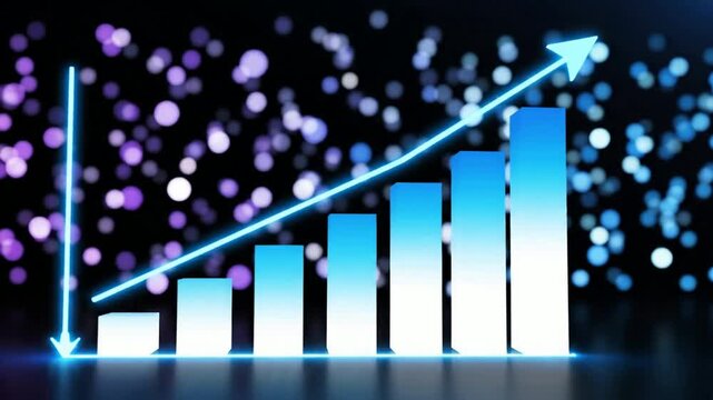 Blue gradient bar chart with upward trend arrow
