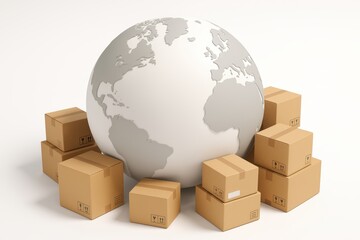 Global Shipping and Logistics: Illustrating the vast reach of worldwide commerce, a globe is surrounded by a cluster of shipping boxes, signifying international trade and distribution.