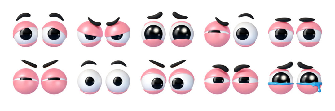 Cartoon 3d eyes, googly character eyeballs with expressions, black pupils, glossy highlight and pink eyelids. Vector pairs shows different moods, from sleepy and surprised to suspicious and wide awake
