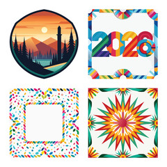 Creative Graphic Set with Mountain Landscape Adventure Badge, Colorful 2026 New Year Typography, Vibrant Confetti Border Frame, and Geometric Sunburst Pattern Collage