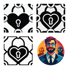 Graphic Set Featuring Monochrome Heart Lock Patterns and a Vibrant Professional Male Avatar with Diverse Emotional Background Silhouettes Illustration