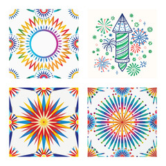 Festive Celebration Set with Colorful Firework Rocket Illustration, Vibrant Sunburst Geometric Patterns, and Symmetrical Starburst Mandala Graphics Collage