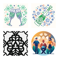 Celebration and Teamwork Graphic Set with Artistic Champagne Toast, Sparkling Wine Bottle Illustration, Ornate Monochrome Pattern, and Professional Team Collaboration