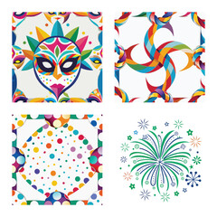 Festive Carnival Celebration Set with Vibrant Decorative Mask, Colorful Abstract Ribbon Swirls, Bright Polka Dot Pattern, and Fireworks Illustration Collage