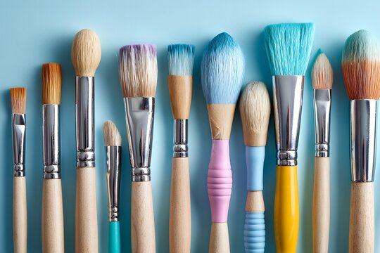 Assorted paintbrushes on blue background with various bristle types and wooden handles - Powered by Adobe