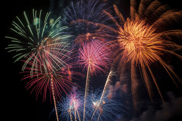 Vibrant Fireworks Explosion in Dynamic Night Sky with Colorful Lights and Trails for Celebration