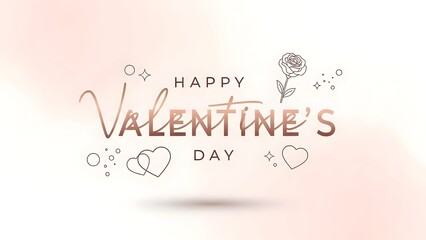 Elegant Happy Valentine&rsquo;s Day Greeting with Rose Gold Typography, Hearts and Rose Icon on Soft Pink Watercolor Background