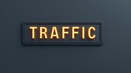 A glowing traffic sign with the word 'TRAFFIC' in bright orange letters against a dark background. The sign is rectangular and illuminated.