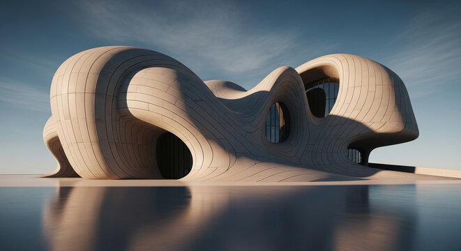 Beige building with flowing, organic curves and recessed windows, reflecting in calm water, showcasing modern architecture and design, ideal for futuristic or abstract concepts - Powered by Adobe