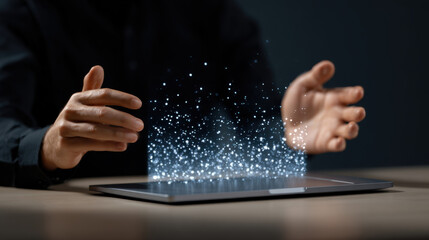 Hologram digital tablet technology data visualization sparkle man hand glow innovation virtual display man uses hand gesture over glowing hologram from digital tablet desk, futuristic data