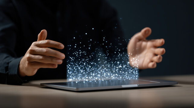 Hologram digital tablet technology data visualization sparkle man hand glow innovation virtual display man uses hand gesture over glowing hologram from digital tablet desk, futuristic data - Powered by Adobe