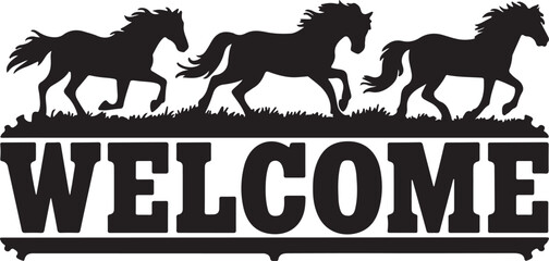 Three horses silhouette above welcome text on grass vector illustration.