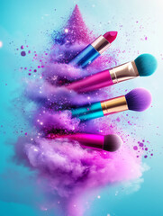 Dynamic composition of floating makeup brushes and lipstick surrounded by colorful powder clouds. Modern beauty background.
