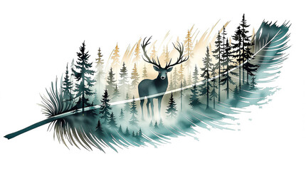 A majestic stag peers from a mystical teal forest encapsulated within a feather blending watercolor