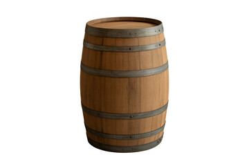Obraz premium Wooden barrel in rustic style with metal bands in warm lighting for winery advertisement