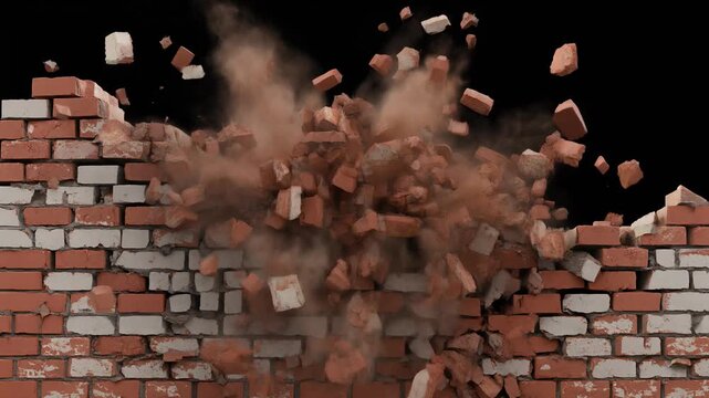 Wall Crumbling Brick Debris Explosion Destruction Isolated on Black