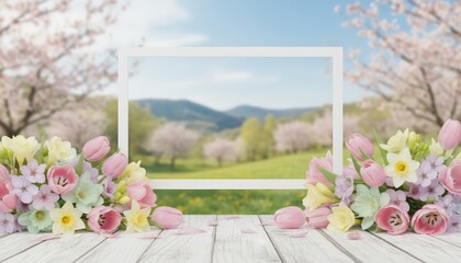 Spring floral display with cherry blossoms and tulips framed in nature scene outdoor garden setting bright and serene atmosphere photography vibrant colors and tranquil view