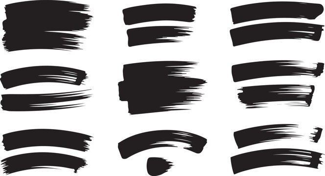 A set of black hand painted brush strokes creates interesting textured lines on a white canvas