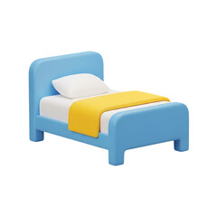 A small blue bed with a yellow blanket on transparent background