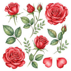 Naklejka premium Collection of red roses and leaves isolated on transparent background