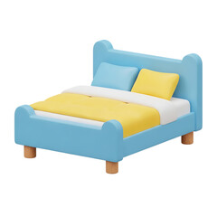 A blue toy bed with yellow and white bedding on transparent background