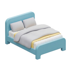 A light blue bed with white and yellow bedding on transparent background