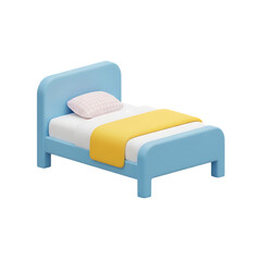 A small blue bed with a yellow blanket and white pillow on transparent background