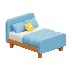 A blue bed with a yellow star pillow on transparent background