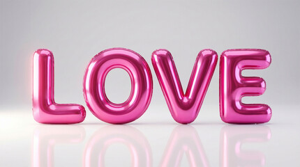 Pink Balloon Letters Spelling LOVE on Reflective Surface