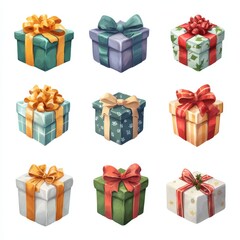 Collection Of Nine Beautifully Wrapped Gift Boxes With Colorful Ribbons And Bows In Various Patterns And Colors For Christmas Birthday Anniversary Holiday Celebration Isolated On White Background